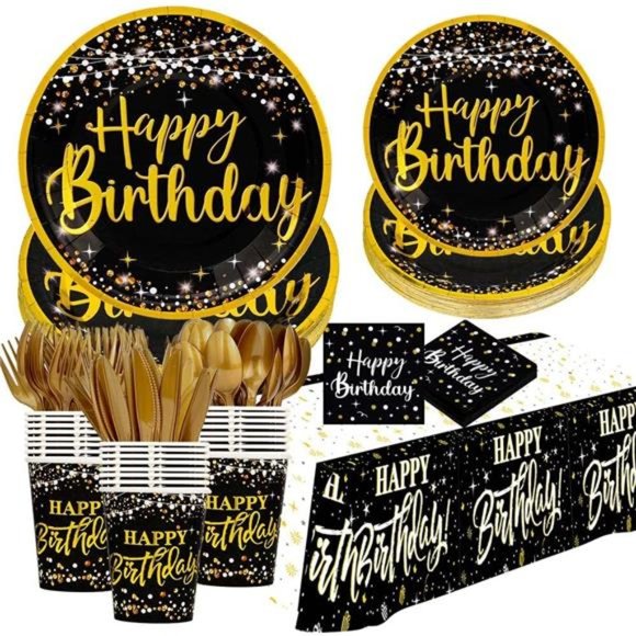 birthday plates and napkins party supplies - (Total 169pcs) balck gold birthday - Picture 1 of 6
